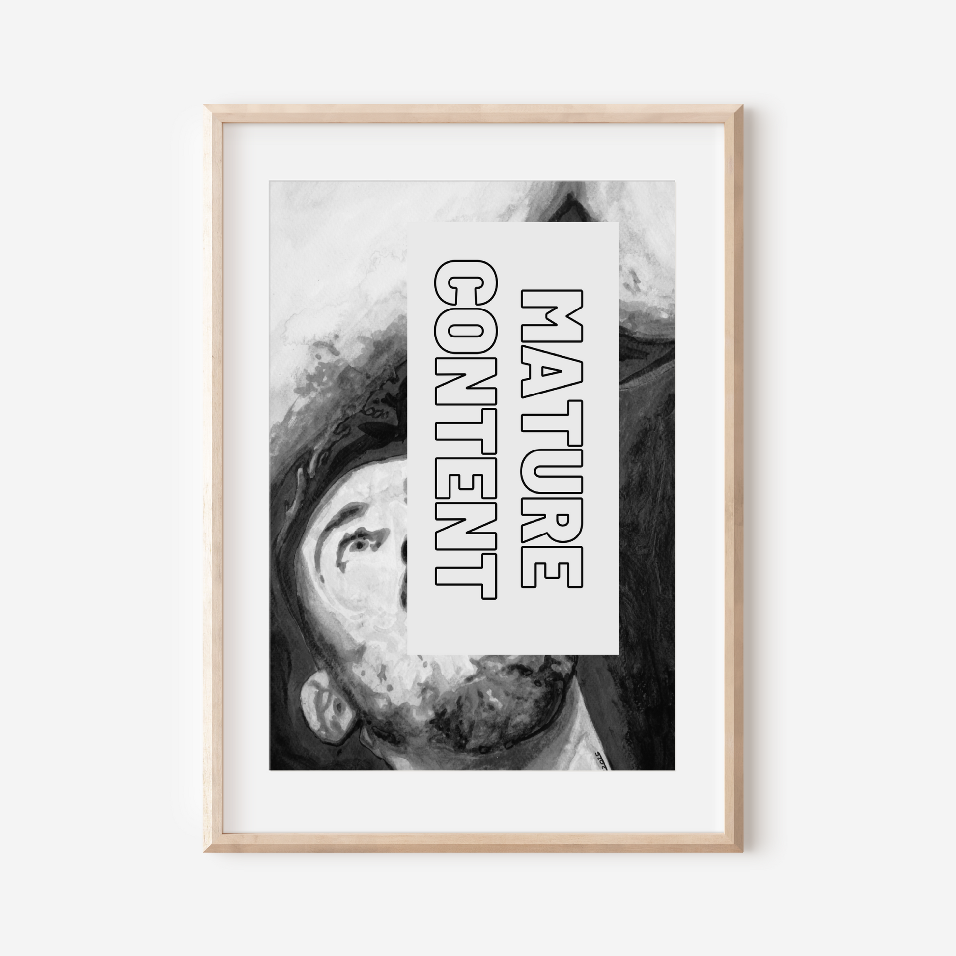 Framed artwork with a black and white photo and text 'Mature Content' on a white background