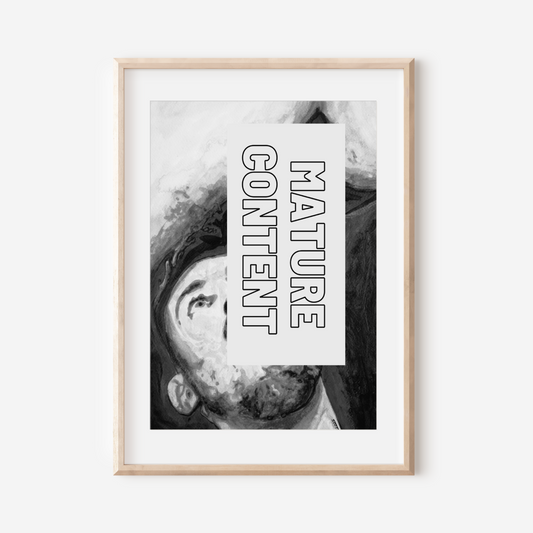 Framed artwork with a black and white photo and text 'Mature Content' on a white background