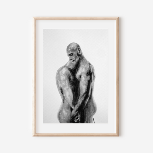 Framed black and white artwork of a muscular figure on a white wall