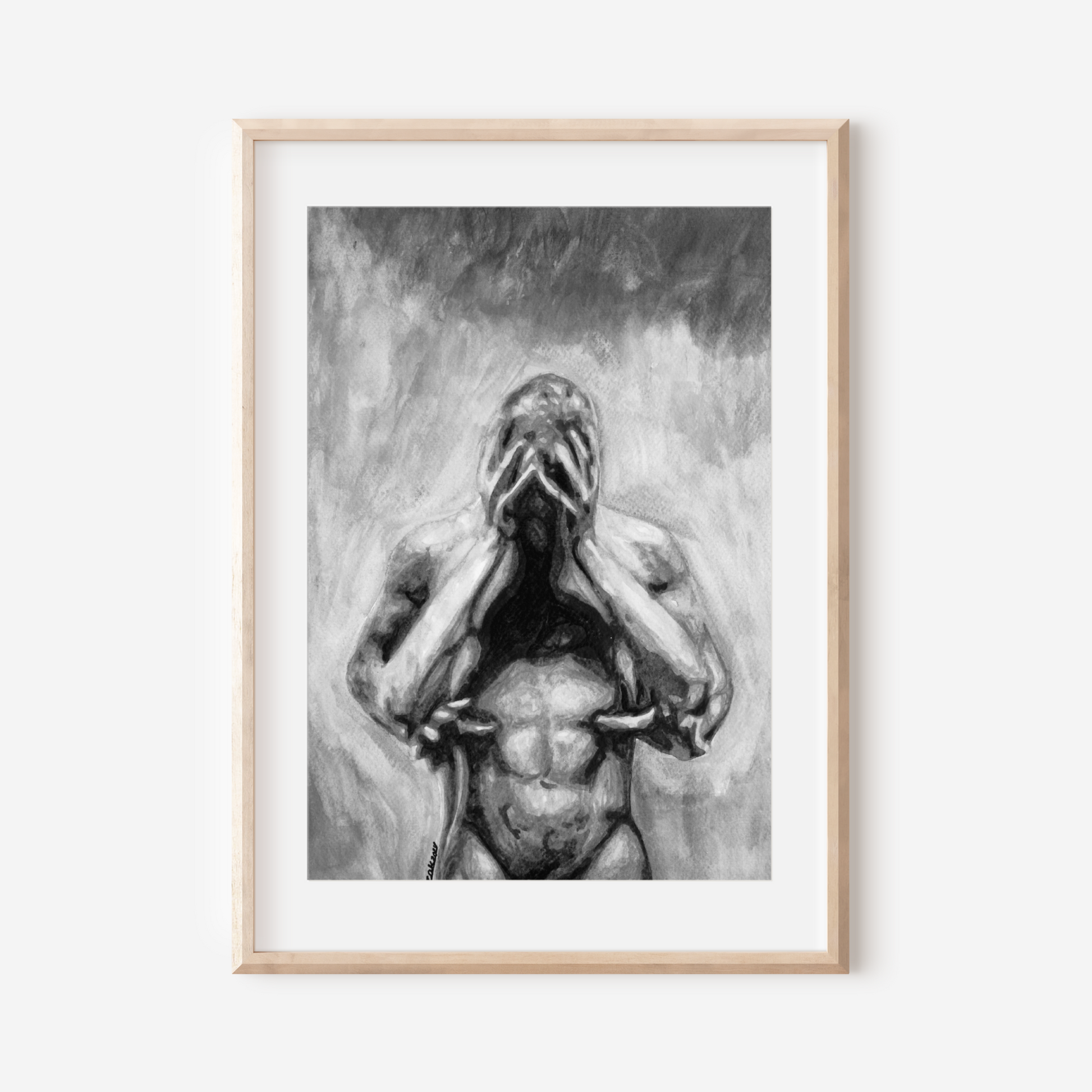 Black and white watercolor of a muscular man holding his head in distress, embraced gently by another man from behind.