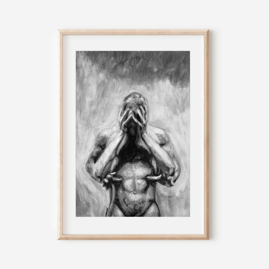 Black and white watercolor of a muscular man holding his head in distress, embraced gently by another man from behind.
