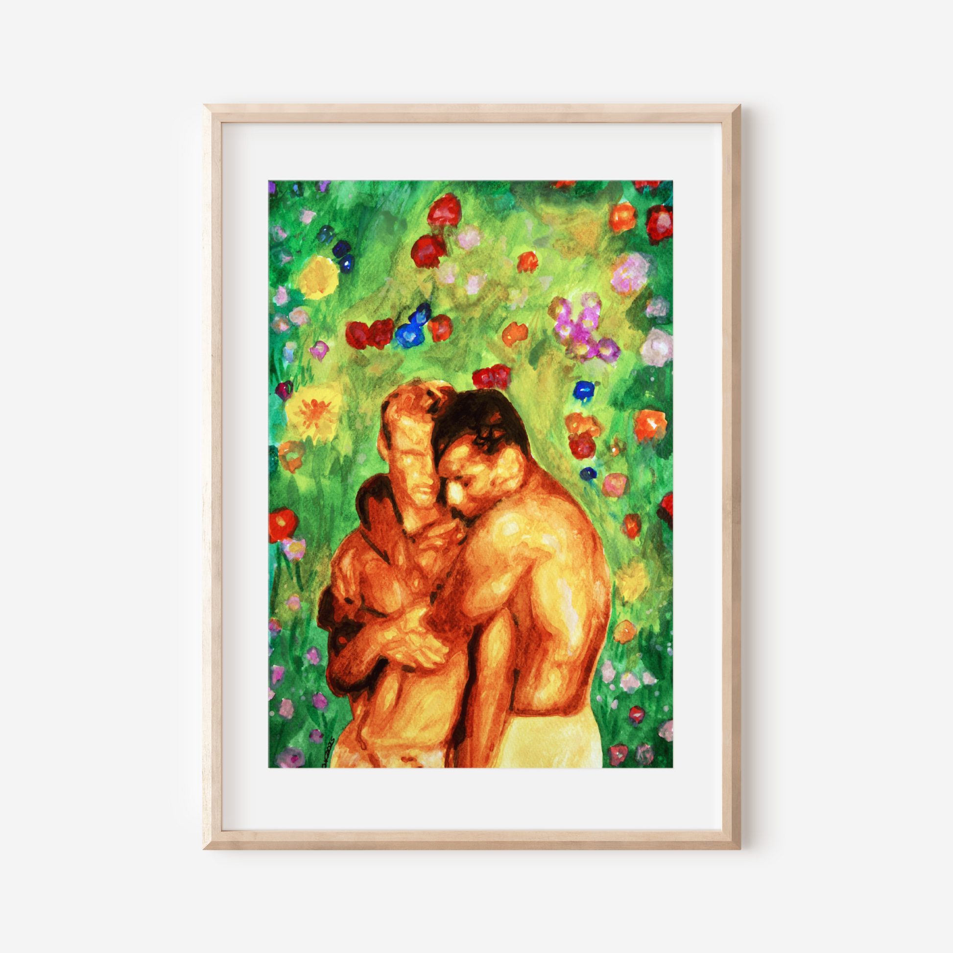 Romantic watercolor illustration of a gay couple embracing tenderly in front of a lush green garden with blooming flowers. LGBTQ+ pride and love celebrated in vibrant color.
