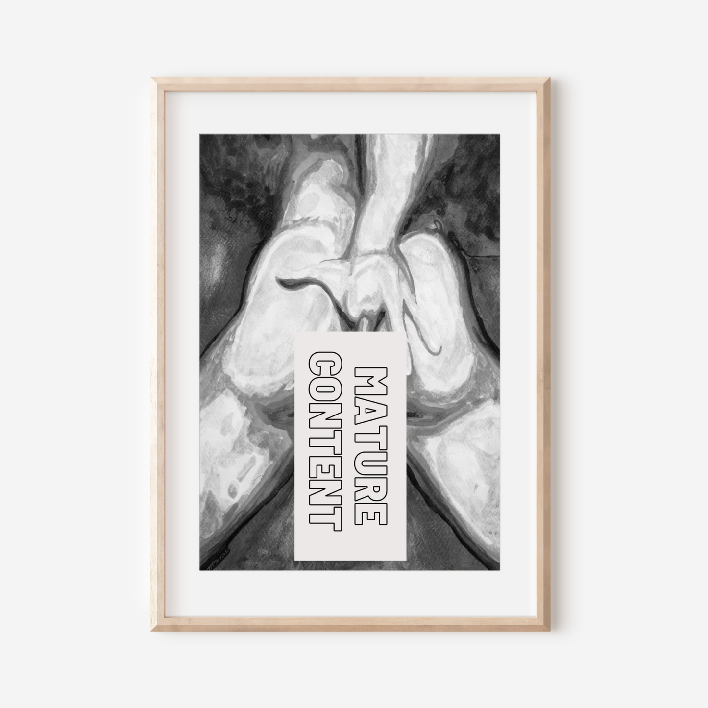 Framed artwork with a black and white image and 'Mature Content' label on a white background