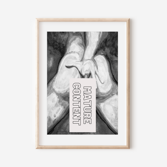 Framed artwork with a black and white image and 'Mature Content' label on a white background