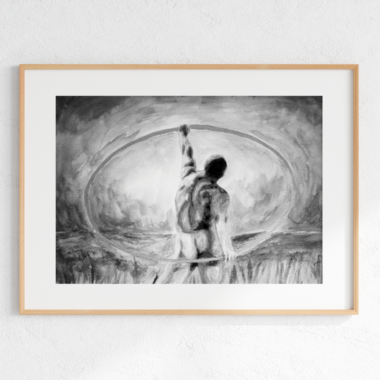 Framed black and white artwork of a person standing on a surfboard with a circular design in the background.