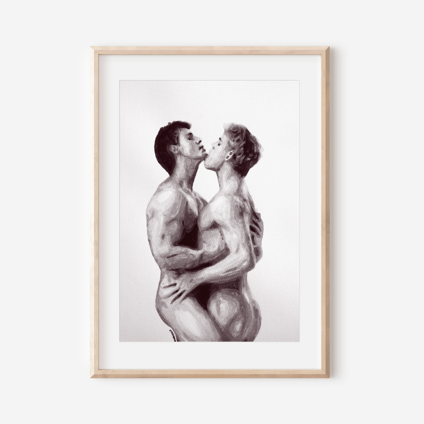 Framed artwork of two nude figures embracing on a white background