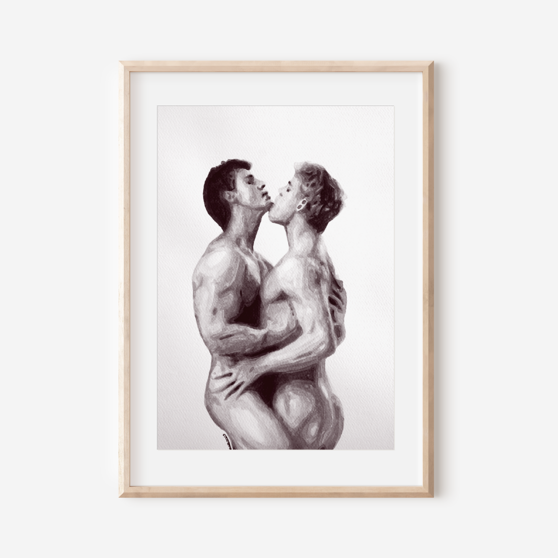 Framed artwork of two nude figures embracing on a white background