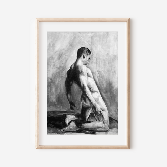 Black and white watercolor of a nude man kneeling from behind in an open field, under a soft sky, expressing quiet strength and queer identity