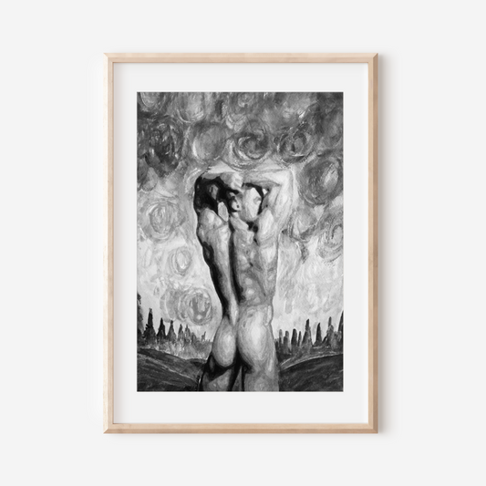 Black and white queer art print of a nude man from behind looking at a hill under a Van Gogh-style sky in Zak Pop Art’s style.