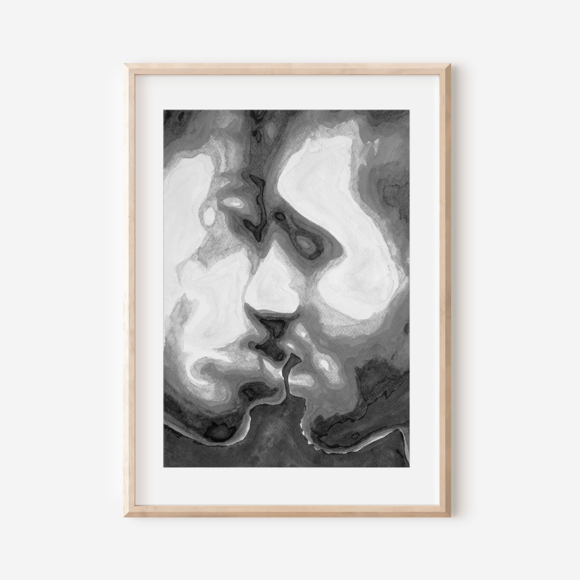 Black and white watercolor of a muscular gay couple kissing