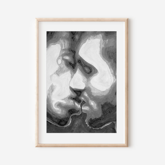 Black and white watercolor of a muscular gay couple kissing