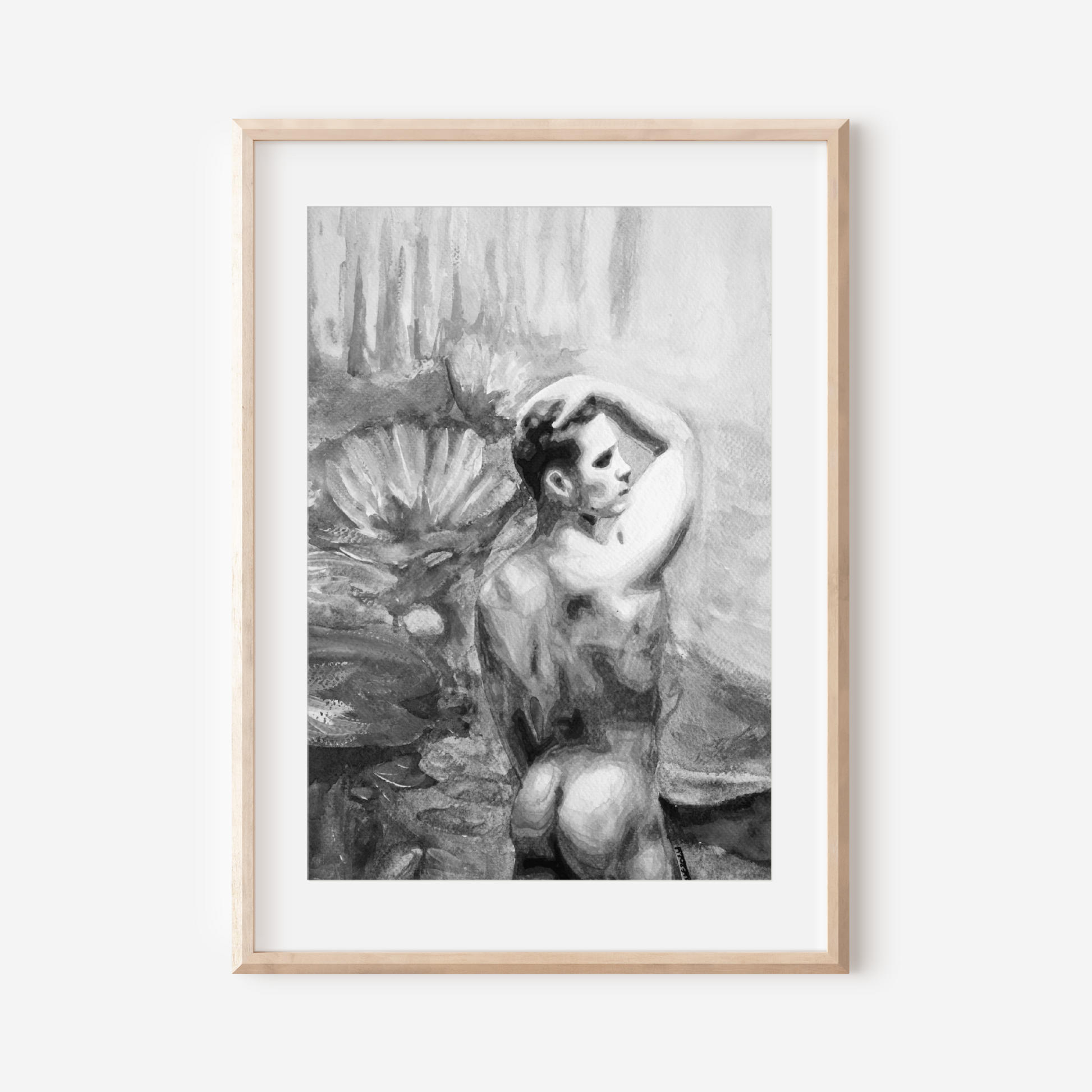 Gay Nude Male at Lily Pond Black & White Art 