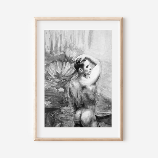 Gay Nude Male at Lily Pond Black & White Art 