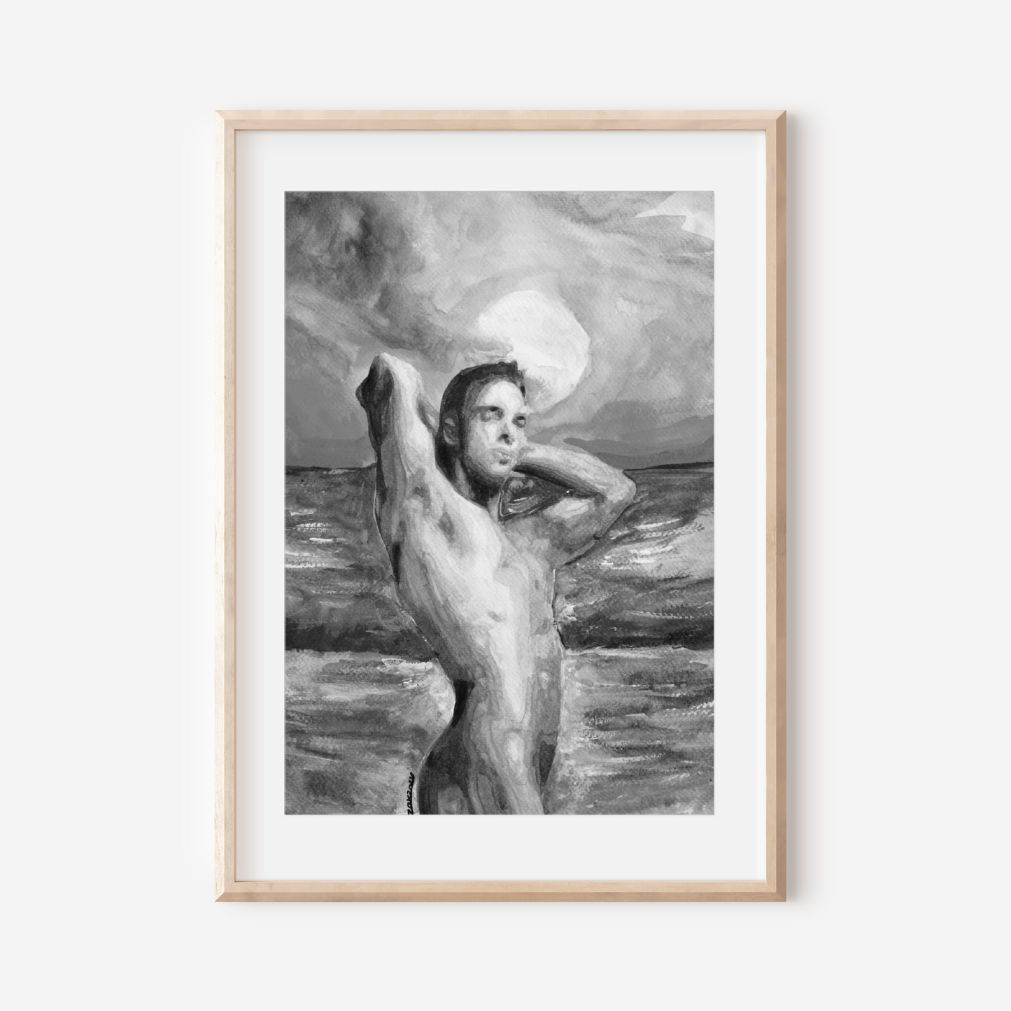 Black and white watercolor painting of a muscular nude man standing by the ocean, flexing his arms behind his head. The silhouette contrasts with a softly textured sky and sea, conveying queer strength, calm, and confidence.
