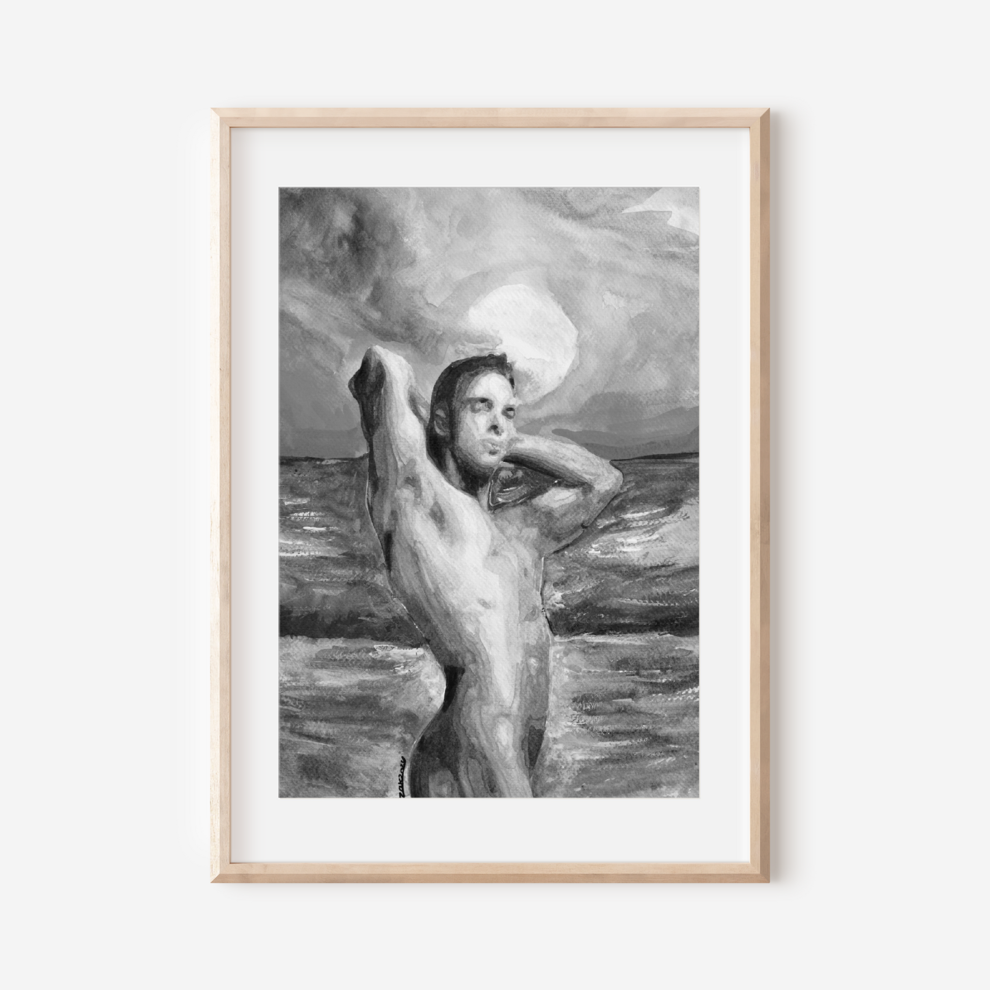 Black and white watercolor painting of a muscular nude man standing by the ocean, flexing his arms behind his head. The silhouette contrasts with a softly textured sky and sea, conveying queer strength, calm, and confidence.