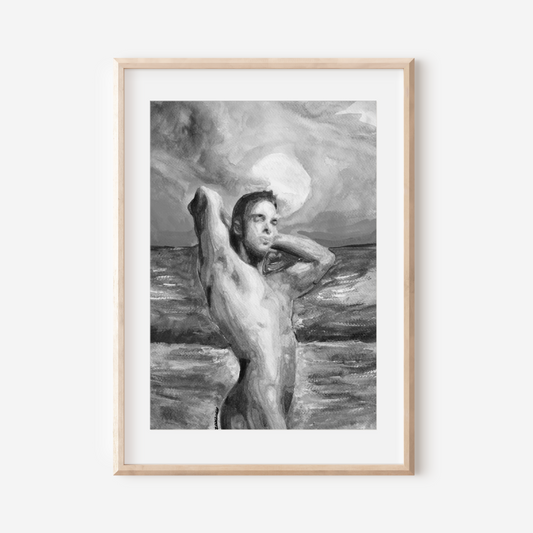 Black and white watercolor painting of a muscular nude man standing by the ocean, flexing his arms behind his head. The silhouette contrasts with a softly textured sky and sea, conveying queer strength, calm, and confidence.