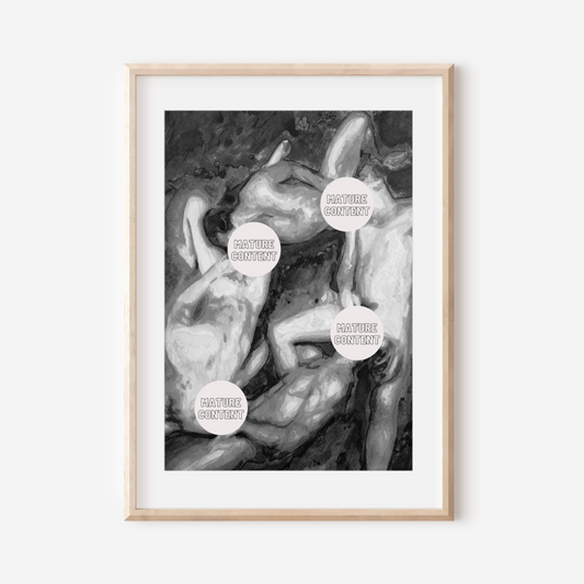 Black and white watercolor print of four nude queer figures in a circular arrangement, exploring intimacy and form through expressive grayscale brushwork. Zak Pop Art.
