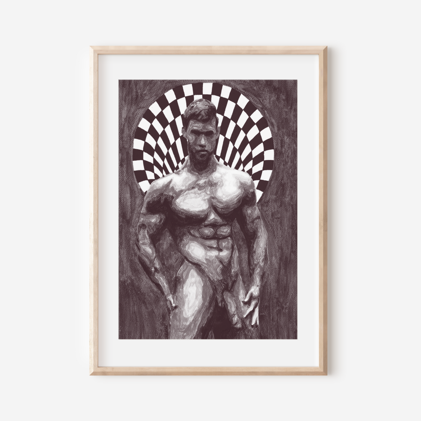 Framed artwork of a muscular figure with a checkered halo on a white wall