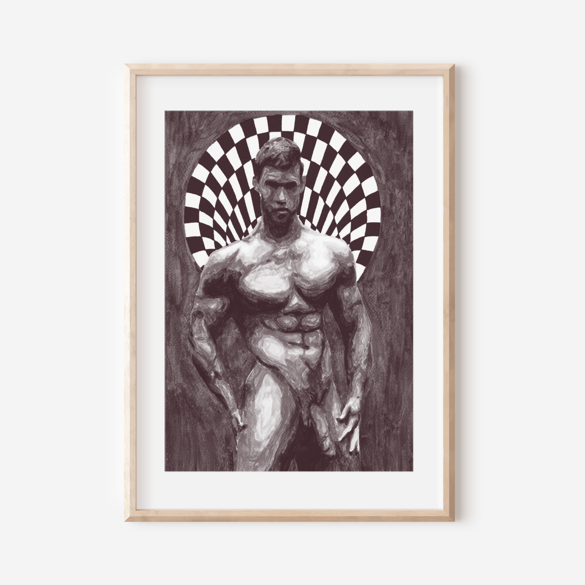 Framed artwork of a muscular figure with a checkered halo on a white wall