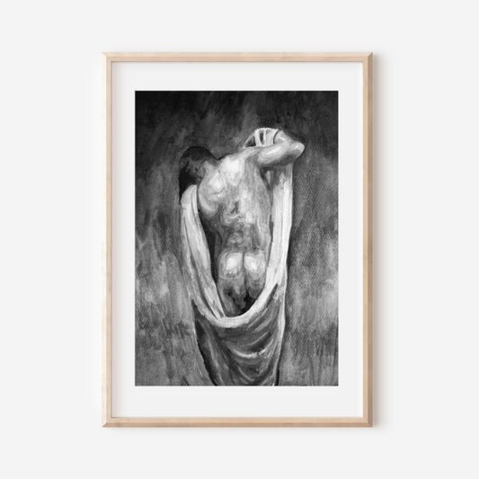 Framed artwork of a nude figure draped in fabric on a white wall