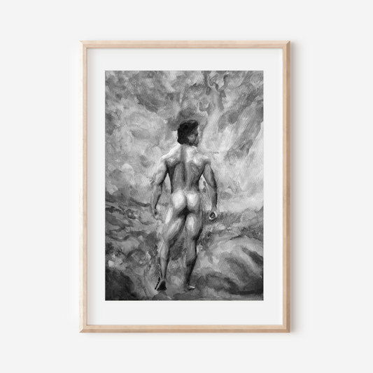 Framed artwork of a nude figure against a textured wall on a white background
