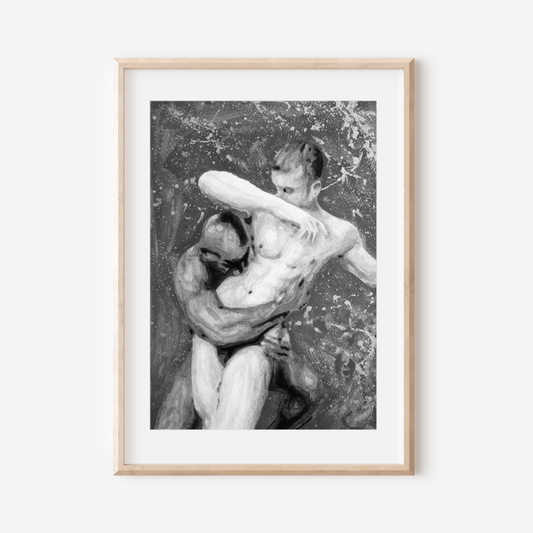 Framed black and white artwork of two nude figures embracing on a white background