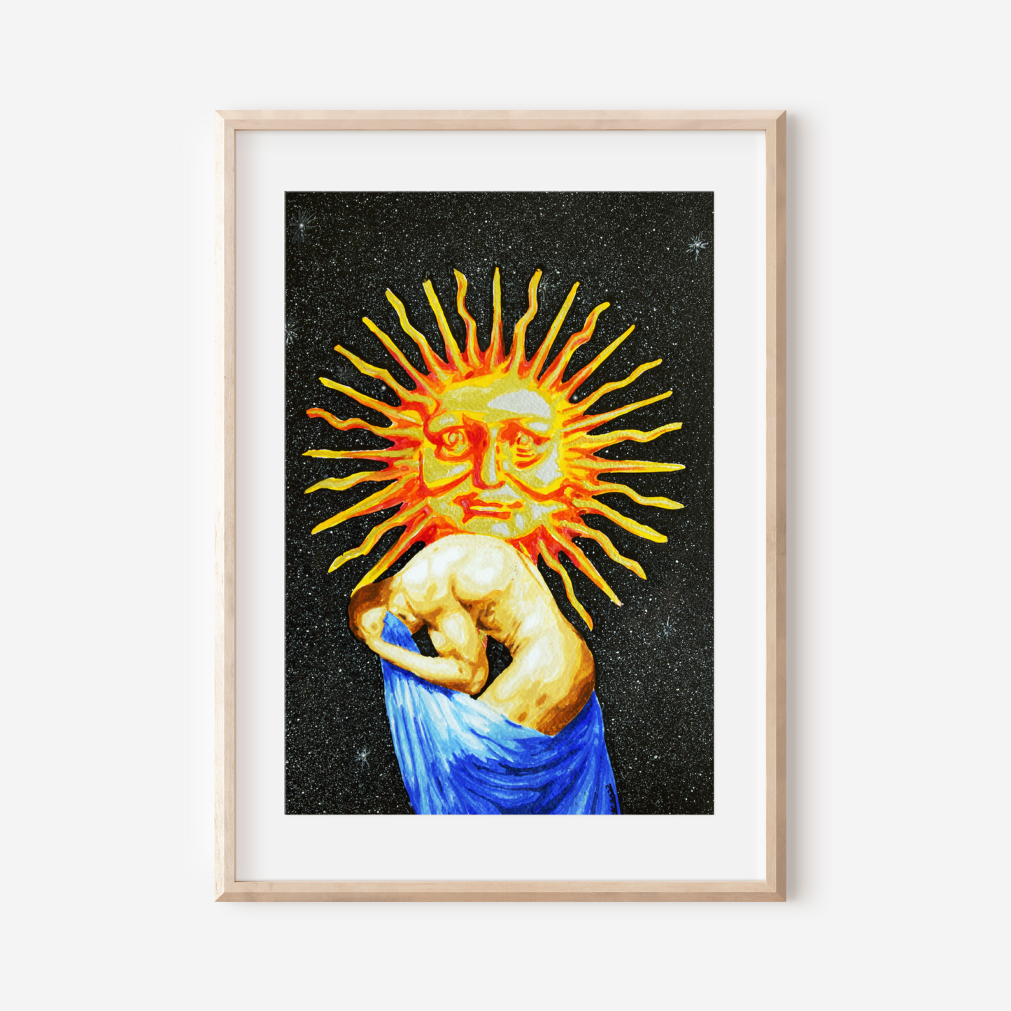 Framed artwork of a sun-like figure with a face on a white wall