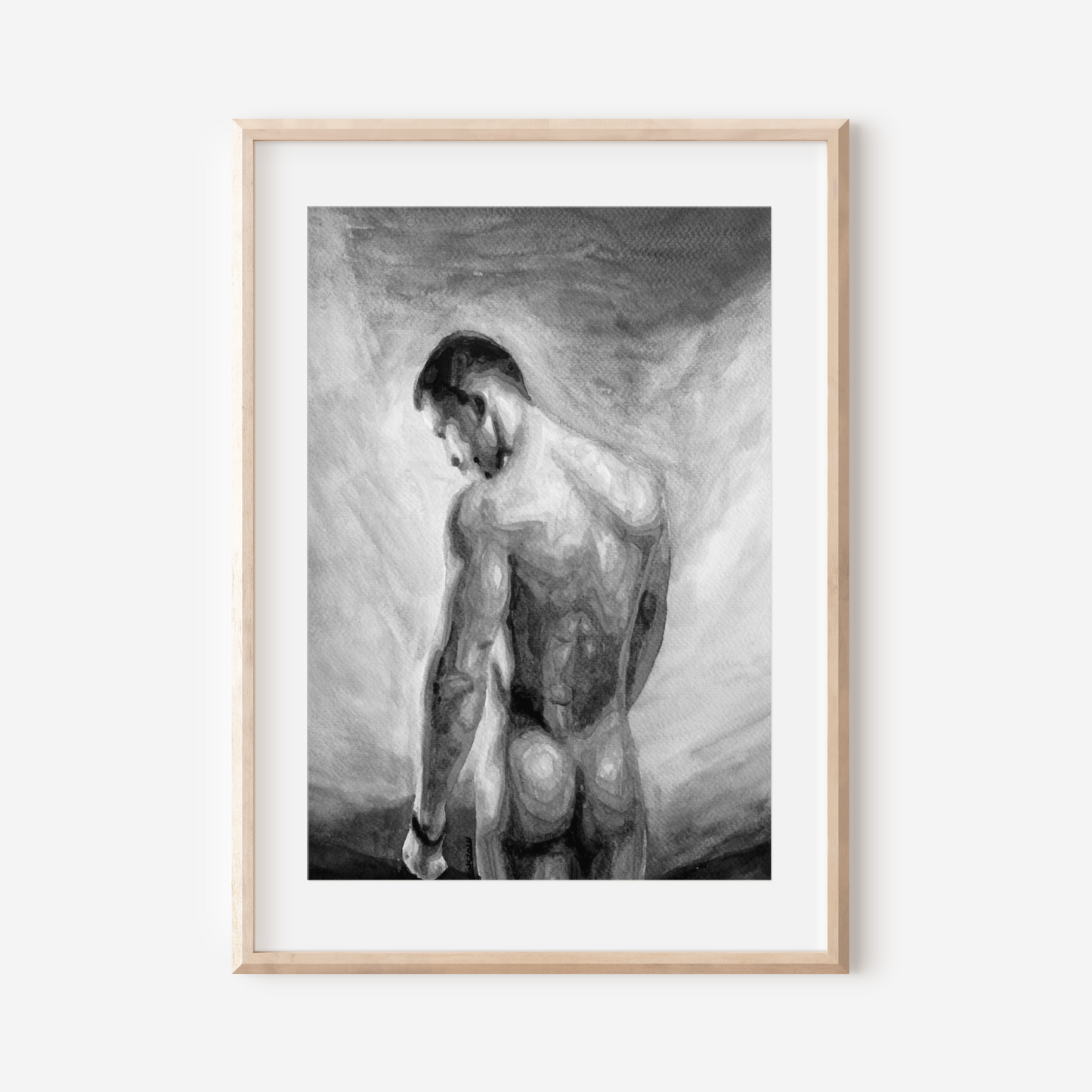 Black and white watercolor painting of a proud nude man with a defined body, facing the sky, symbolizing queer strength, liberation, and timeless beauty. Original Zak Pop Art.