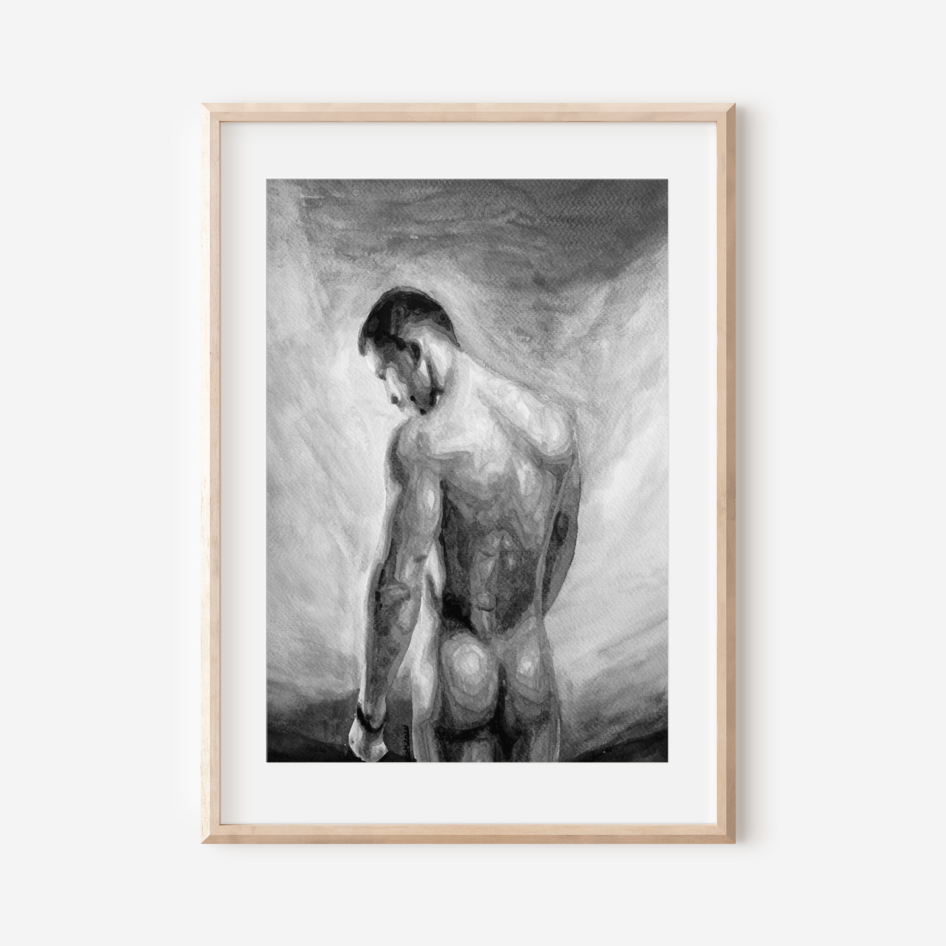 Black and white watercolor painting of a proud nude man with a defined body, facing the sky, symbolizing queer strength, liberation, and timeless beauty. Original Zak Pop Art.