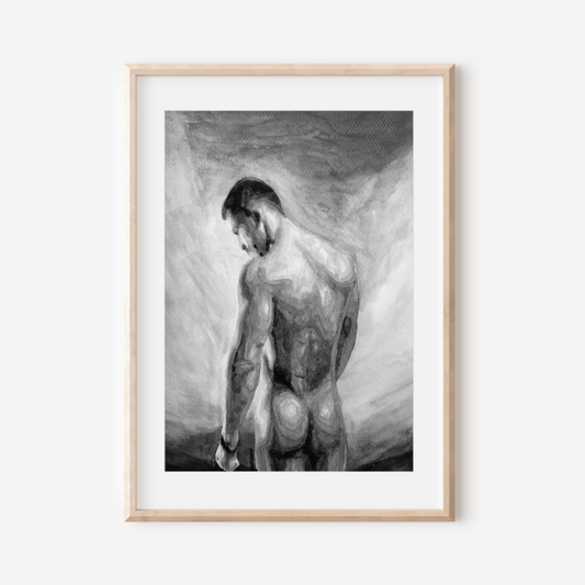 Black and white watercolor painting of a proud nude man with a defined body, facing the sky, symbolizing queer strength, liberation, and timeless beauty. Original Zak Pop Art.