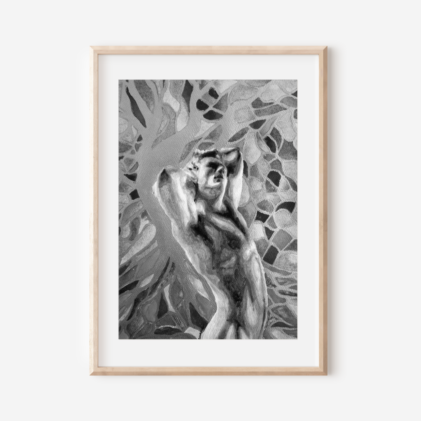 Framed artwork of a nude figure with abstract patterns on a white wall