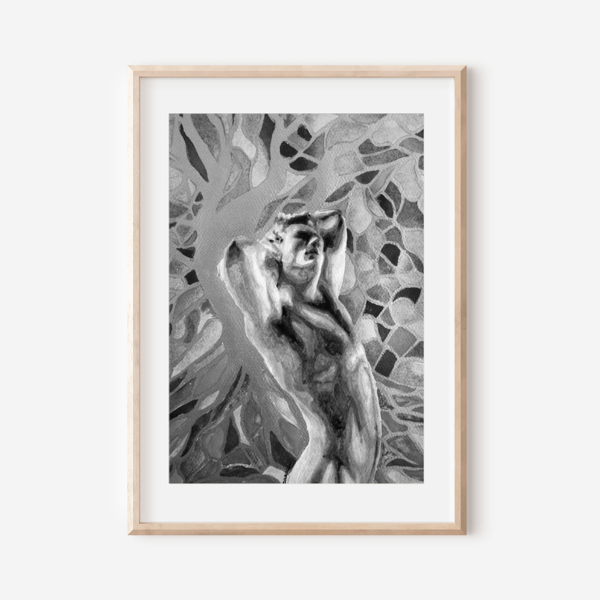 Framed artwork of a nude figure with abstract patterns on a white wall