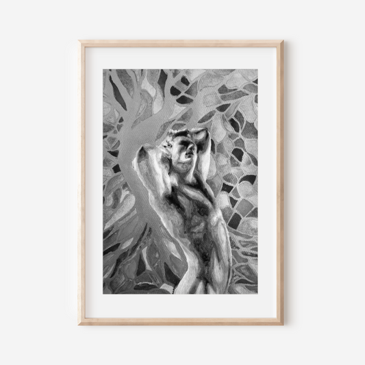 Framed artwork of a nude figure with abstract patterns on a white wall