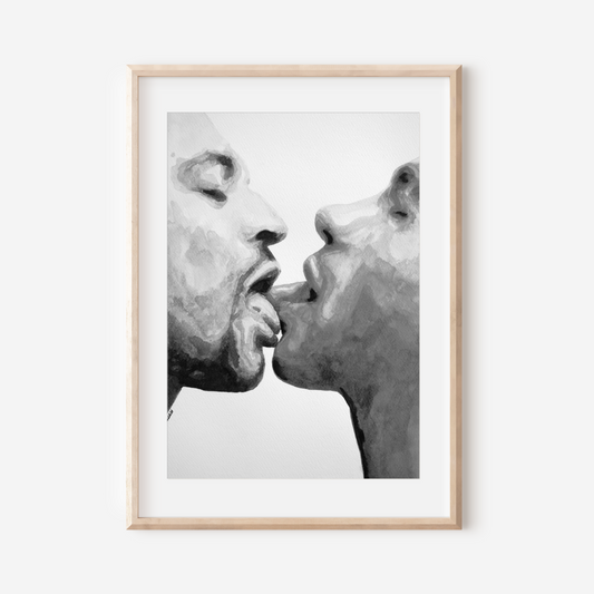 Framed black and white artwork of two faces close together on a white background