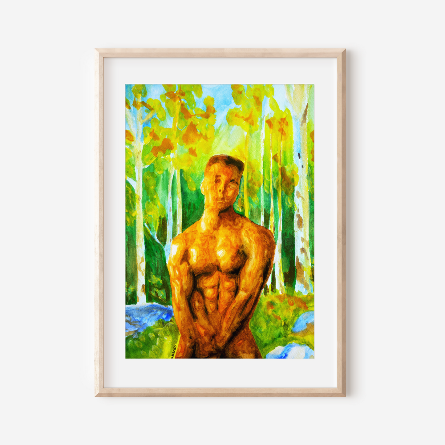 Watercolor painting of a muscular nude male in a misty forest, covering his groin with his hands, looking directly at the viewer. Expressive LGBTQ+ art by Zak Pop Art.