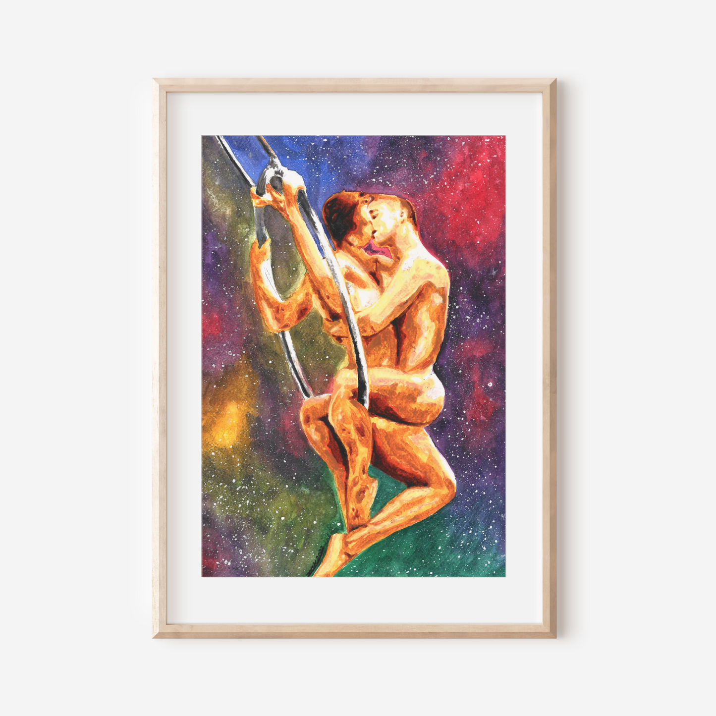 Framed artwork of a nude figure holding a sword against a colorful background