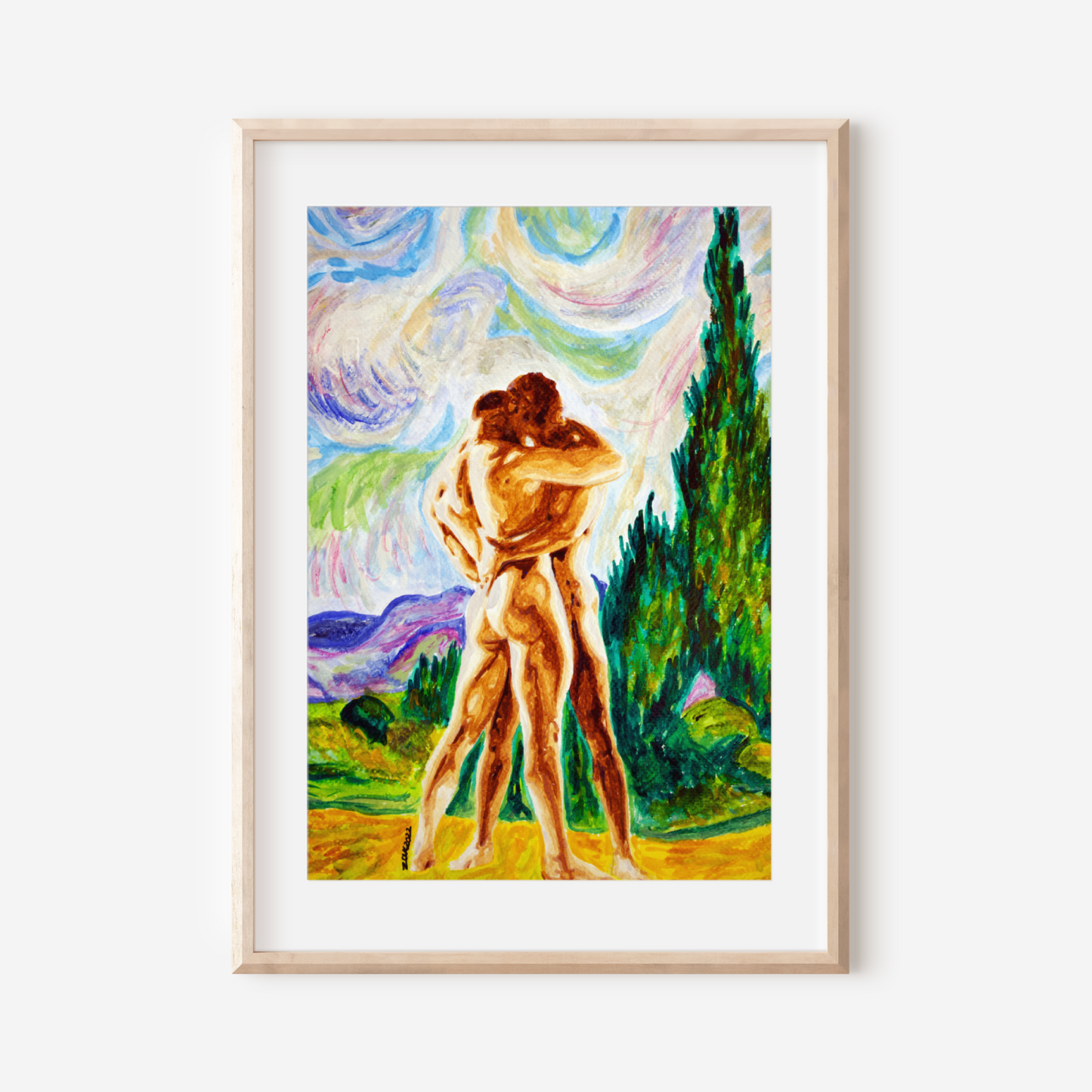 Framed artwork of two nude figures embracing in a colorful landscape.