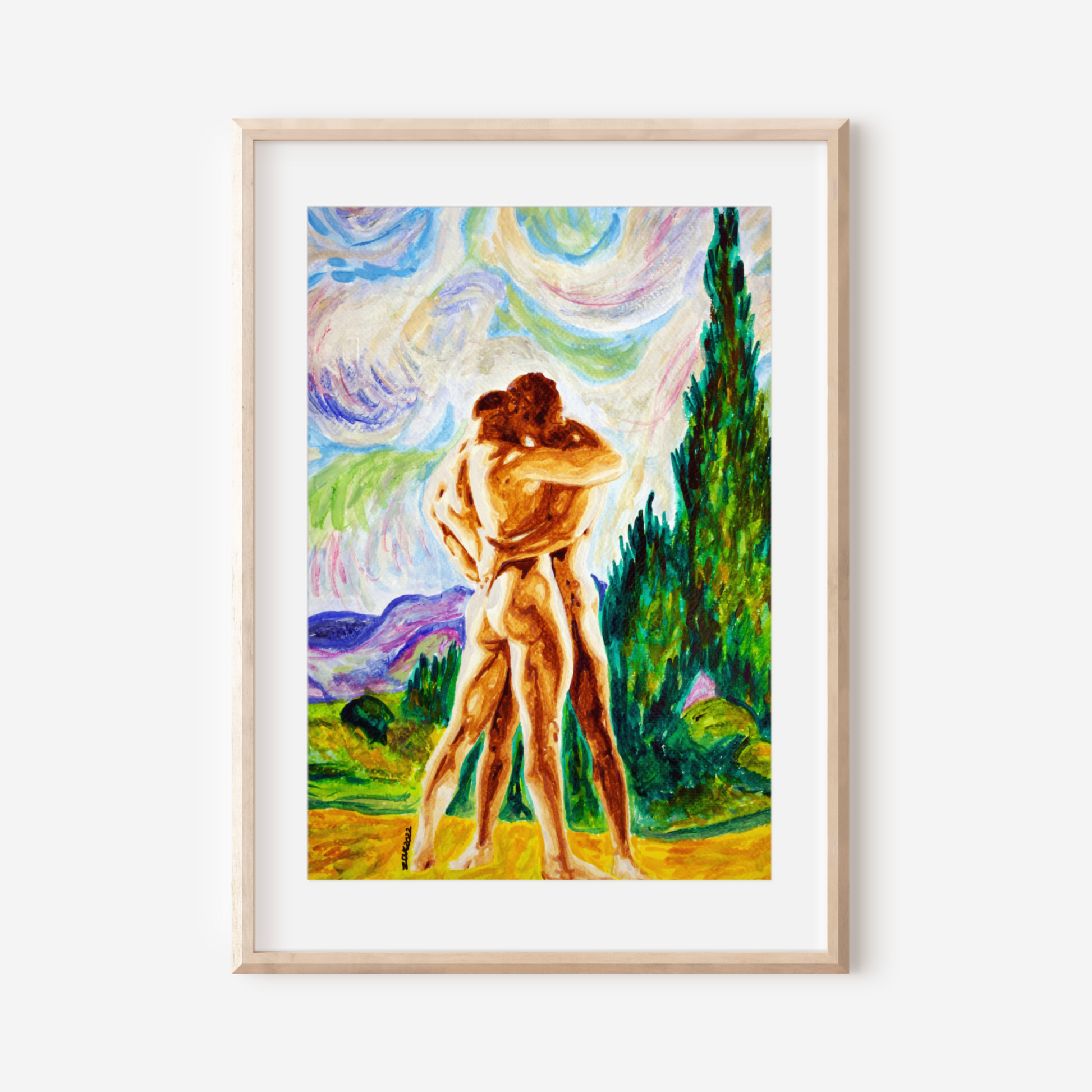 Framed artwork of two nude figures embracing in a colorful landscape.