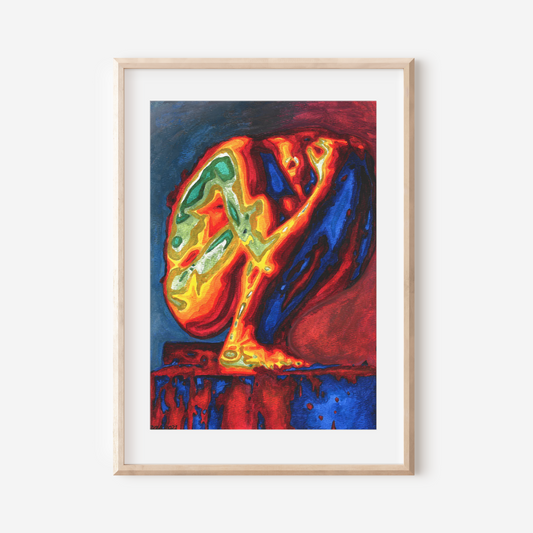 Framed abstract artwork with vibrant colors on a white wall