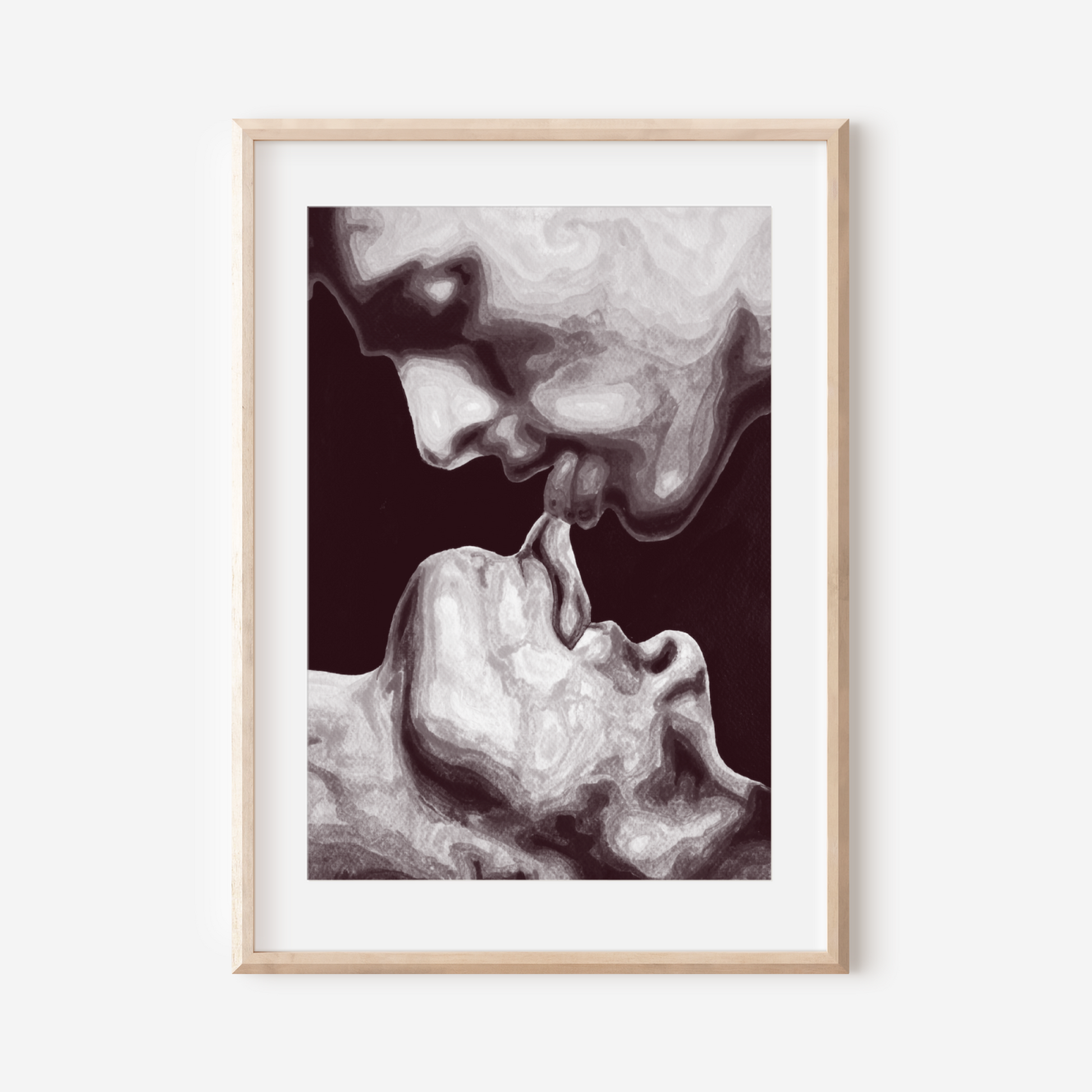 Framed artwork of a stylized portrait with smoke effect on a white wall.