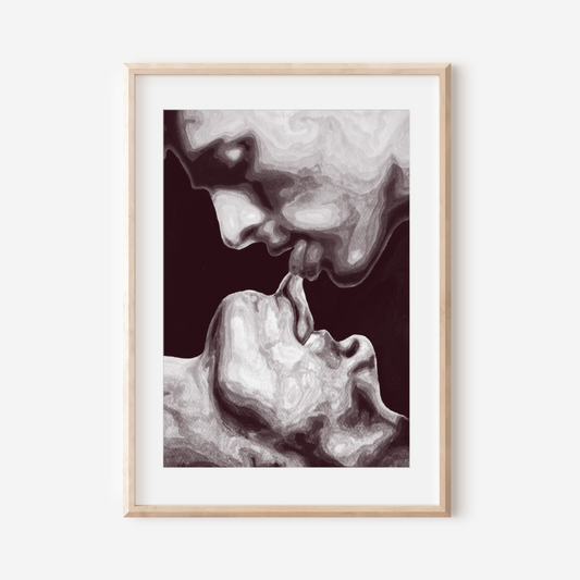 Framed artwork of a stylized portrait with smoke effect on a white wall.