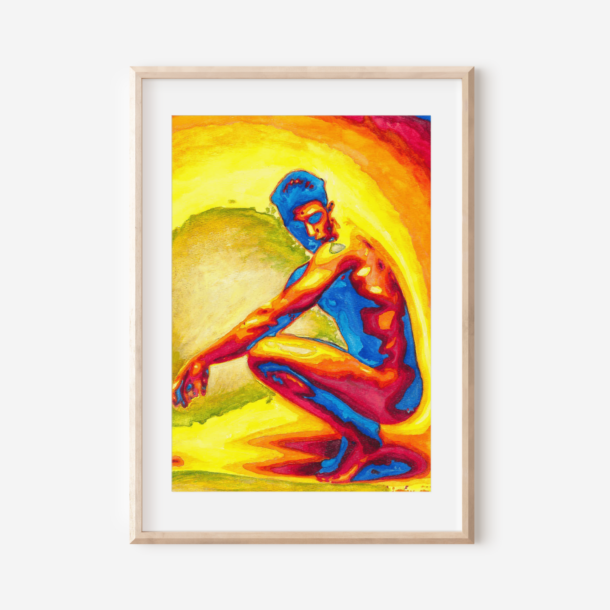 Framed colorful artwork of a figure on a white wall