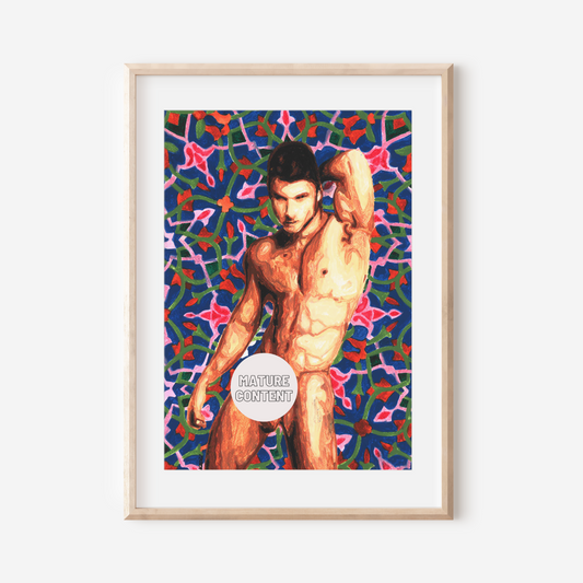 Framed artwork of a shirtless man against a colorful abstract background on a white wall.