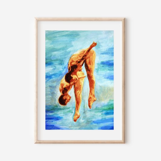 Watercolor of two nude men jumping into a blue pool, with bright colors and expressive movement, capturing joy and intimacy.