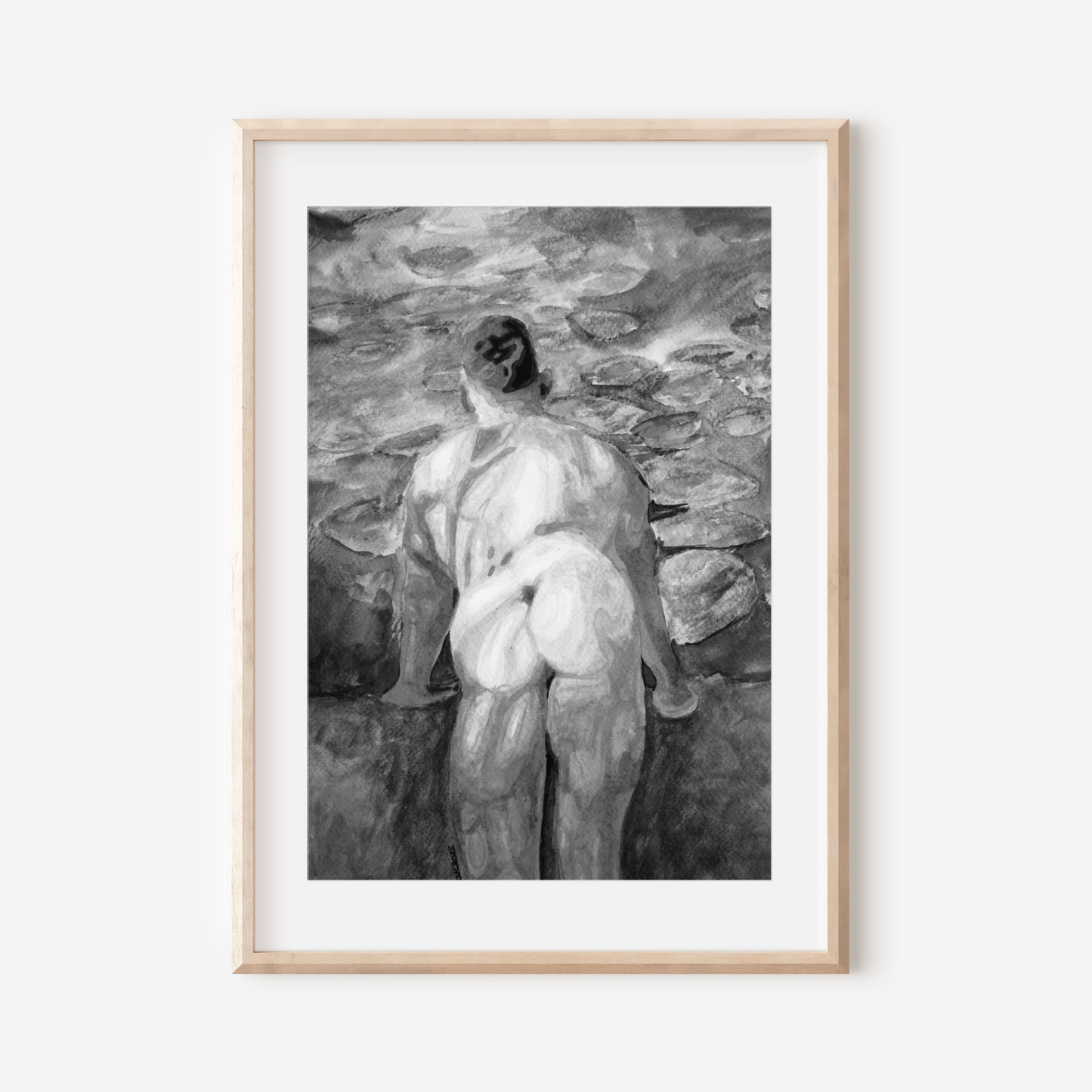 Black & White Watercolor – Muscular Nude Male with Impressionist Swamp