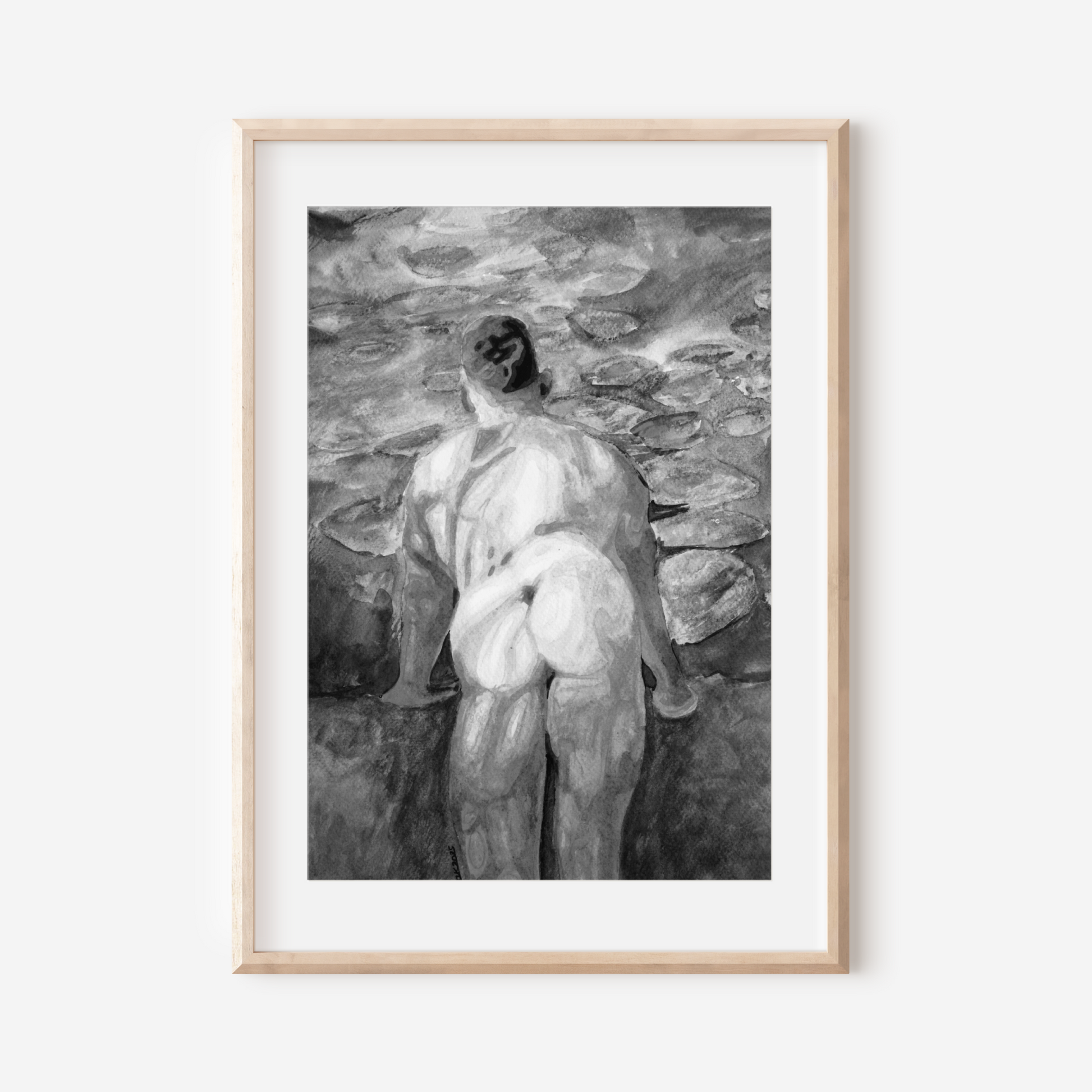 Black & White Watercolor – Muscular Nude Male with Impressionist Swamp
