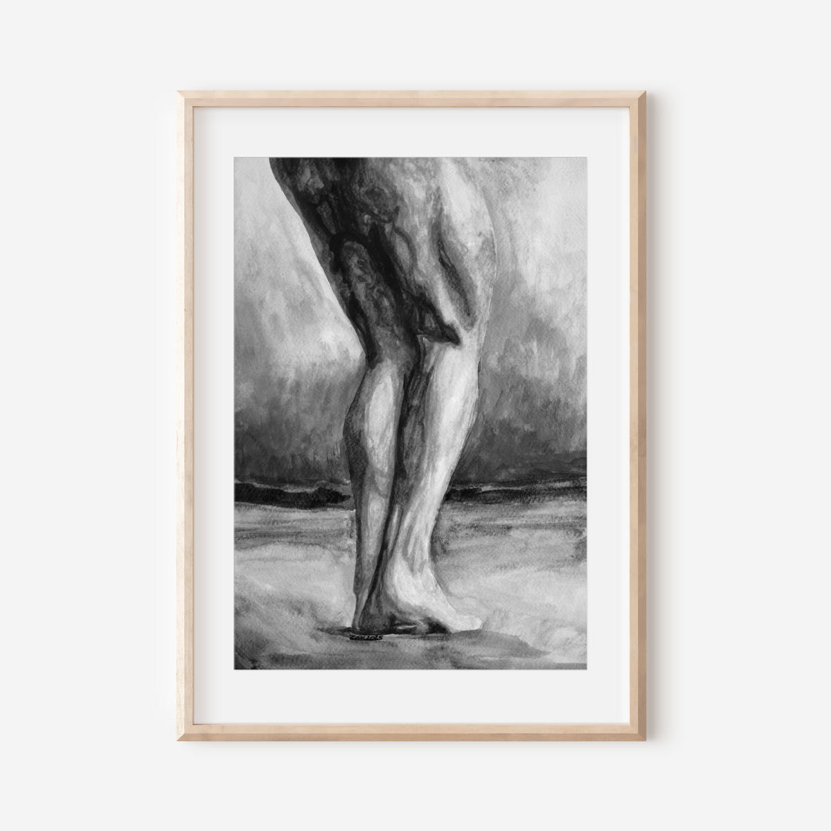 Black and white watercolor of muscular male legs standing barefoot in a field. Grayscale queer symbolism by Zak Pop Art