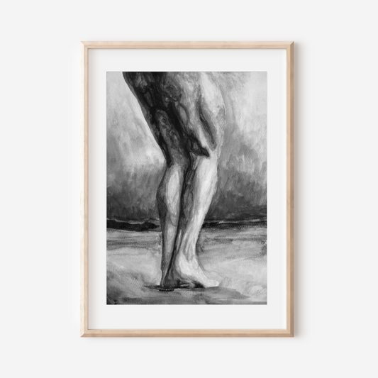 Black and white watercolor of muscular male legs standing barefoot in a field. Grayscale queer symbolism by Zak Pop Art