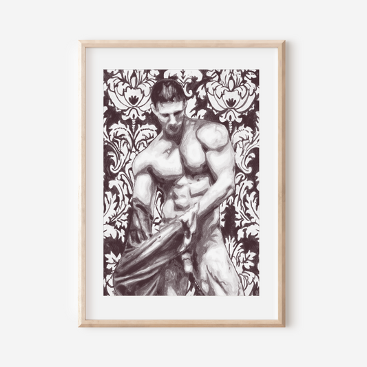 Framed artwork of a muscular figure on a decorative patterned background
