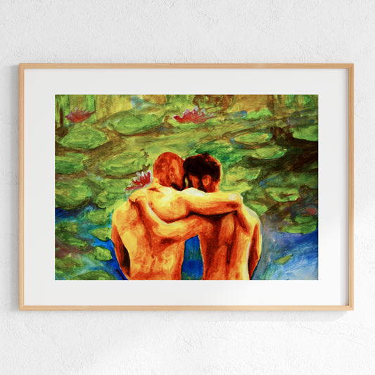 Watercolor painting of two men sitting from behind, arms around each other, looking at a Monet-style landscape with trees, water, and soft light.